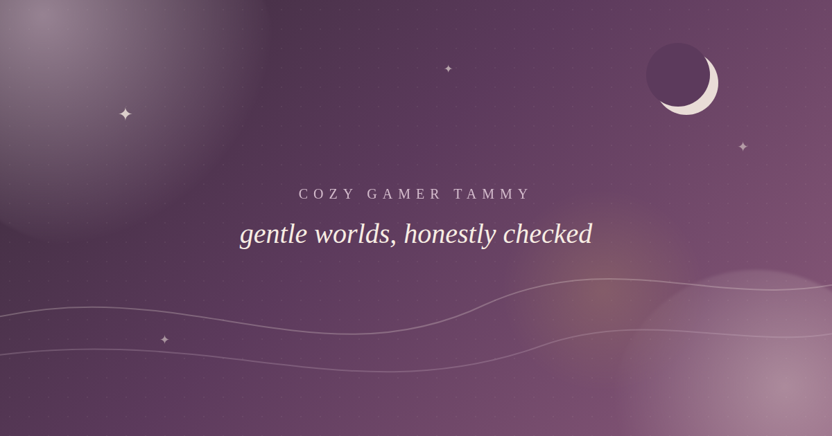 Abstract plum and mauve gradient graphic with a crescent moon, representing the Cozy Gamer Tammy Coral Island content check
