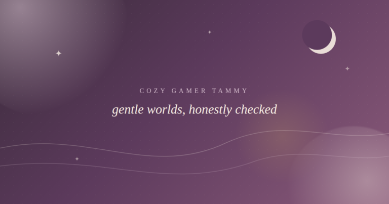 Abstract plum and mauve gradient graphic with a crescent moon, representing the Cozy Gamer Tammy Spiritfarer content check